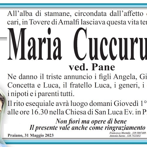 Praiano e Tovere di Amalfi dicono addio alla signora Maria Cuccurullo, vedova Pane