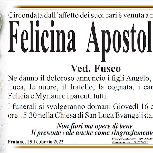 Praiano piange la scomparsa della signora Felicina Apostolico, vedova Fusco