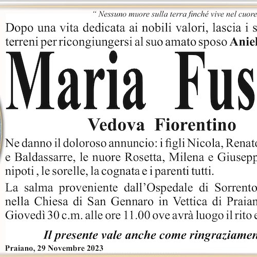 Praiano piange la scomparsa della signora Maria Fusco, mamma del dottor Fiorentino
