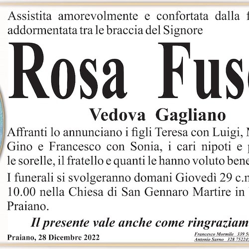 Praiano piange la scomparsa della signora Rosa Fusco, vedova Gagliano