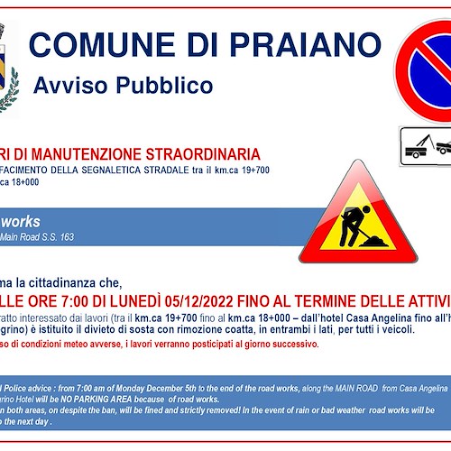 Praiano, rifacimento segnaletica stradale: divieto di sosta da lunedì 5 dicembre