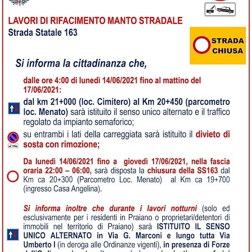 Praiano, SS163 chiusa per rifacimento manto stradale. Gagliano: «Danno per il turismo»