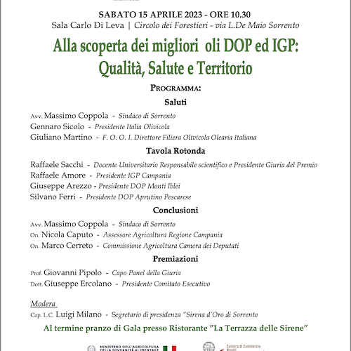 Premio Sirena d’Oro di Sorrento, sabato la cerimonia di premiazione: decretati i migliori oli DOP ed IGP