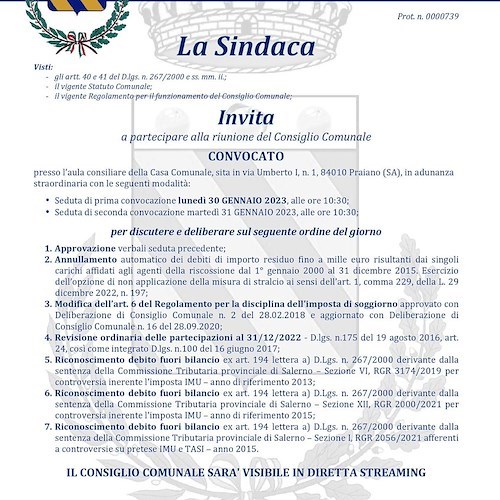 Questa mattina il Consiglio Comunale a Praiano: tra i temi l’annullamento dei debiti fino a mille euro