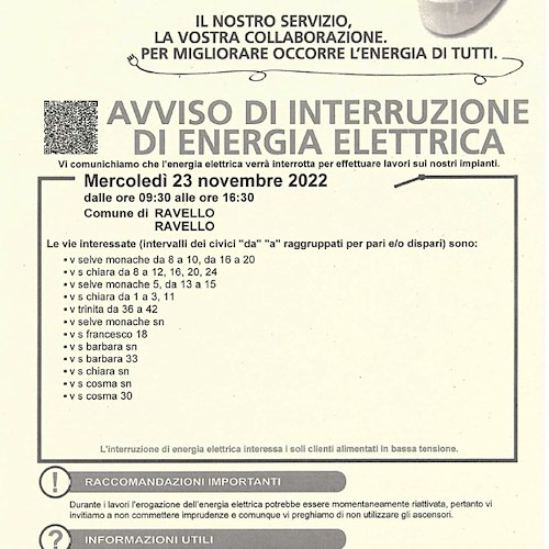 Ravello, 23 novembre interruzione elettrica per lavori / ORARI E VIE INTERESSATE