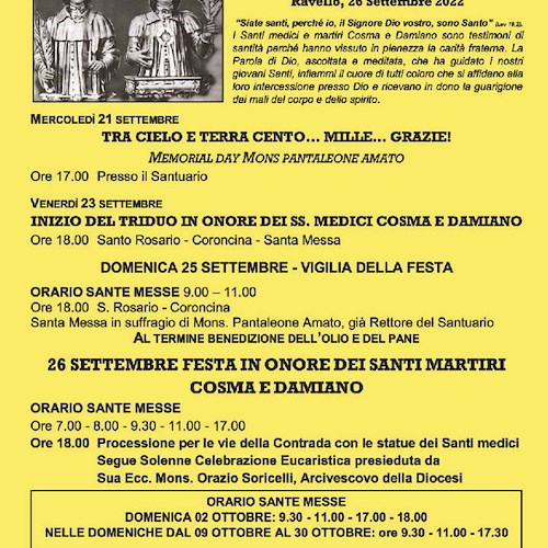 Ravello, 26 settembre si festeggiano i Santi Cosma e Damiano