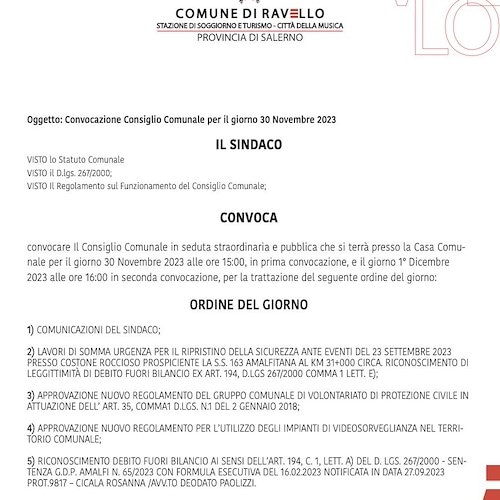 Ravello, 30 novembre il Consiglio Comunale
