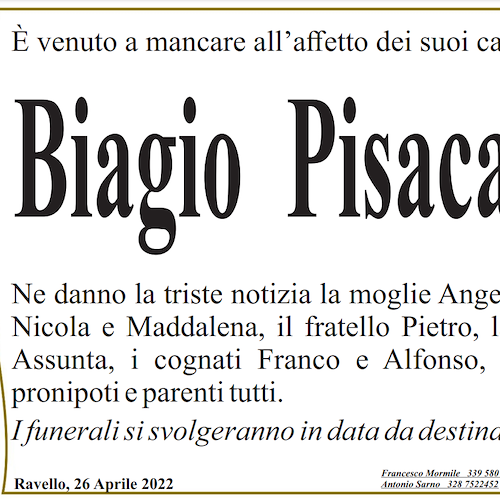 Ravello a lutto per la prematura scomparsa di Biagio Pisacane