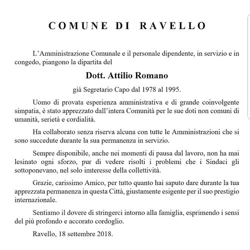 Ravello, addio a ex segretario comunale Attilio Romano. Il ricordo di Salvatore Sorrentino