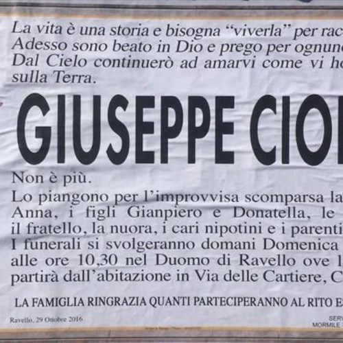 Ravello: addio a Giuseppe Cioffi, uomo d'altri tempi e grande lavoratore