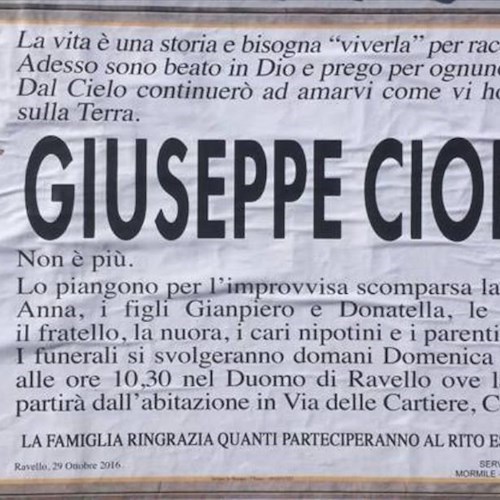 Ravello: addio a Giuseppe Cioffi, uomo d'altri tempi e grande lavoratore