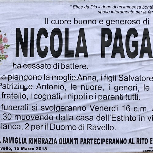 Ravello, addio a mastro Nicola Pagano. Venerdì i funerali