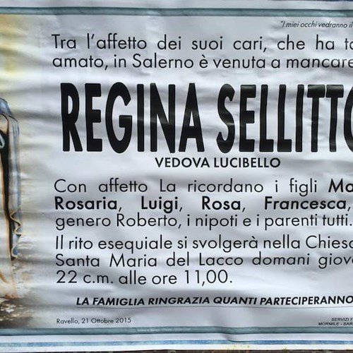 Ravello: addio a Regina Sellitto, vedova Lucibello