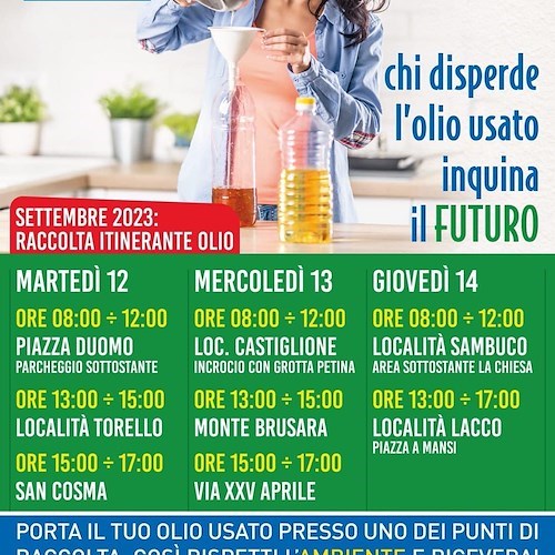 Ravello, al via la raccolta itinerante di olio esausto