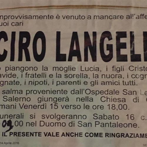 Ravello: Ciro Langella non ce l'ha fatta. Sabato i funerali