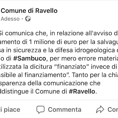 Ravello, Comune fa dietro front e ammette l'errore: nessun finanziamento ricevuto