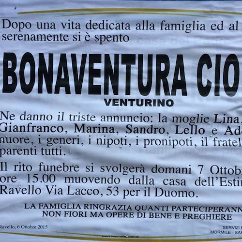 Ravello dice addio a Bonaventura Cioffi