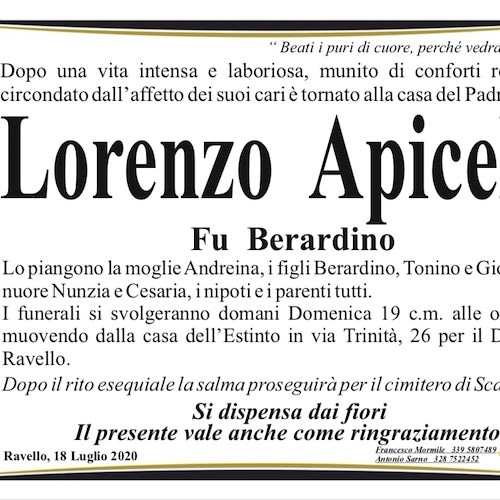 Ravello dice addio a Lorenzo Apicella: una vita per il lavoro e la famiglia