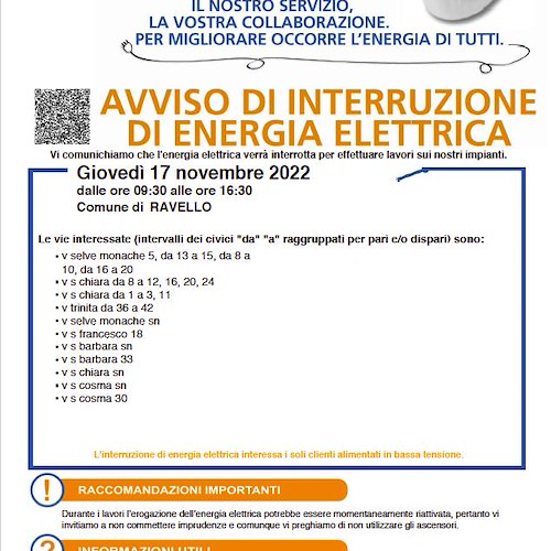 Ravello, domani 17 novembre interruzione fornitura elettrica per lavori 