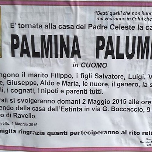 Ravello, è morta la signora Palmina Palumbo in Cuomo