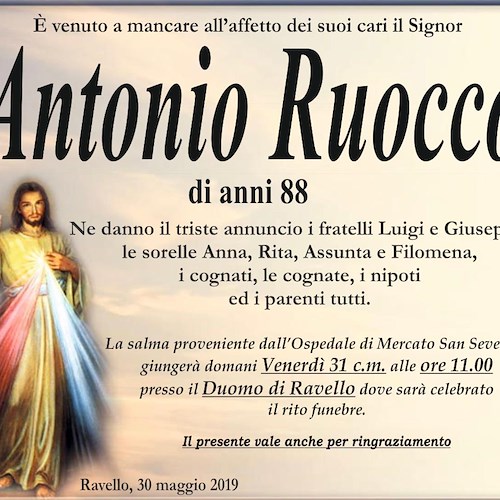 Ravello, è morto Antonio Ruocco. Domani i funerali