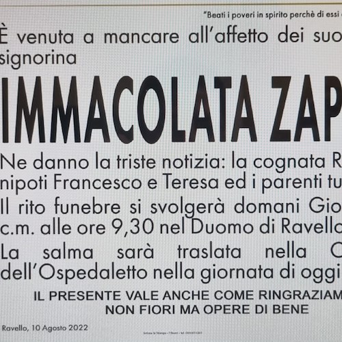 Ravello: giovedì 11 agosto i funerali di Immacolata Zappia, ritrovata senza vita in casa