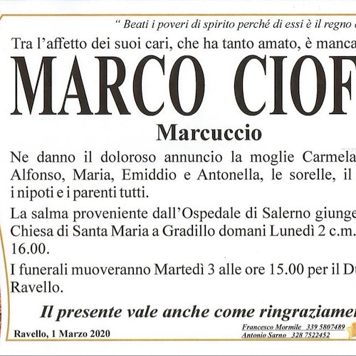 Ravello, lutto per la morte di Marco Cioffi (Marcuccio)