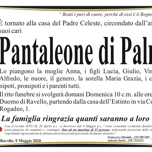 Ravello, lutto per la scomparsa di Pantaleone Di Palma