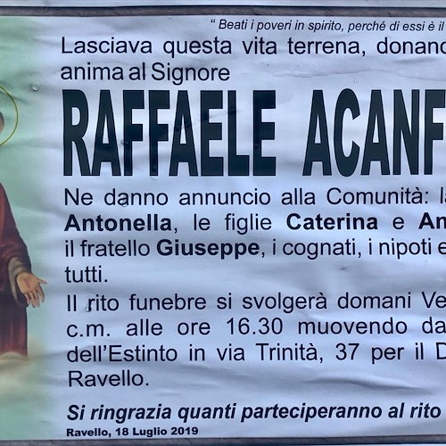 Ravello, lutto per prematura scomparsa di Raffaele Acanfora