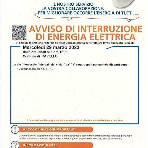 Ravello, mercoledì 29 interruzione di energia elettrica. ORARI e VIE INTERESSATE