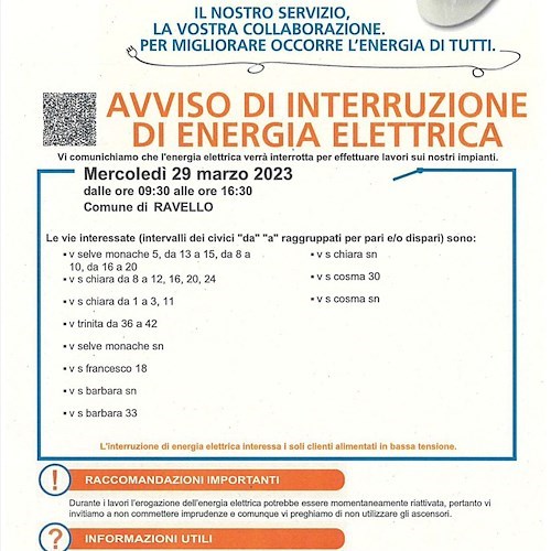 Ravello, mercoledì 29 interruzione di energia elettrica. ORARI e VIE INTERESSATE