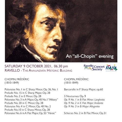 Ravello, musica da camera: sabato 9 ottobre un concerto dedicato a Chopin