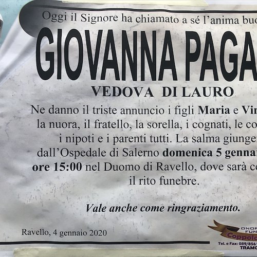 Ravello, non ce l'ha fatta la signora Giovanna Pagano