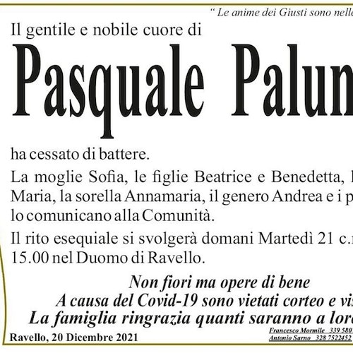 Ravello, oggi l'ultimo saluto a Pasquale Palumbo
