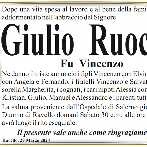Ravello piange la scomparsa del signor Giulio Ruocco