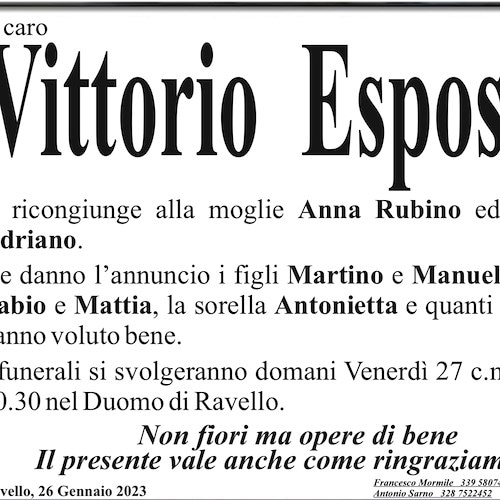 Ravello piange la scomparsa del signor Vittorio Esposito