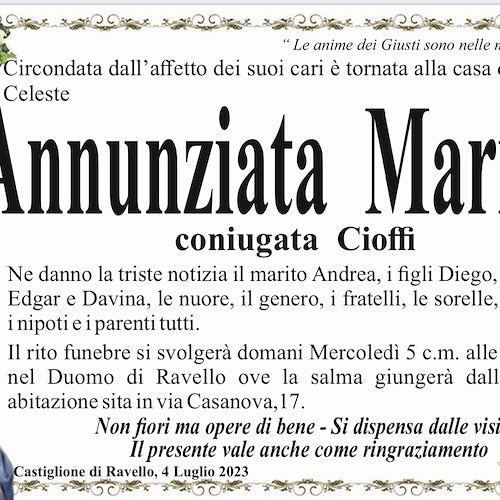 Ravello piange la scomparsa della signora Annunziata Marino. Aveva 60 anni 