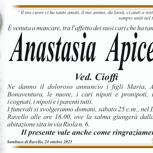 Ravello piange la scomparsa di Anastasia Apicella, vedova Cioffi