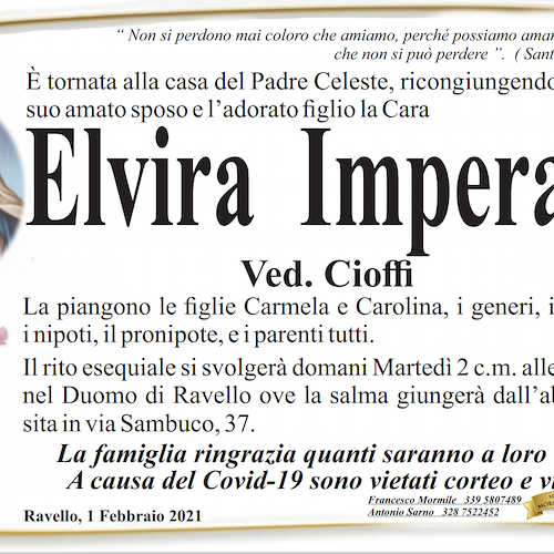 Ravello piange la scomparsa di Elvira Imperato, domani i funerali 