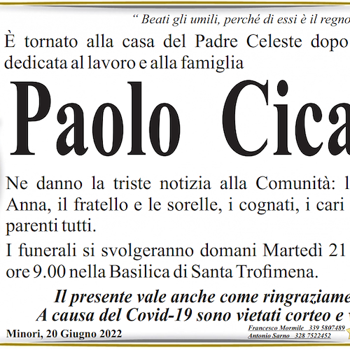 Ravello piange la tragica scomparsa di Paolo Cicale, caduto da un limoneto. I funerali a Minori