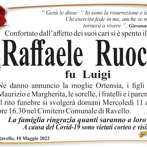 Ravello porge l'ultimo saluto a Raffaele Ruocco, fu Luigi