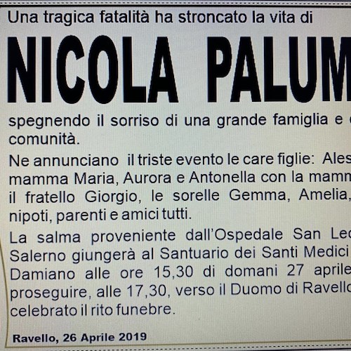 Ravello, sabato i funerali di Nicola Palumbo