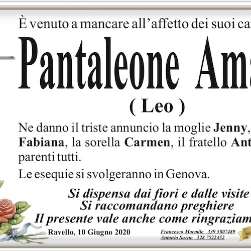Ravello saluta Pantaleone Amato. Funerali a Genova