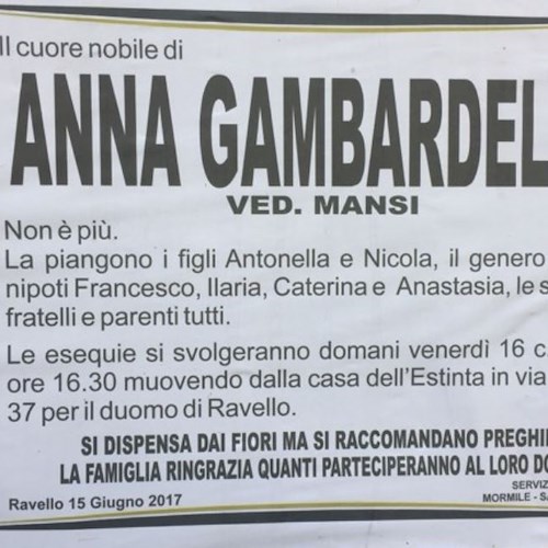 Ravello: si è spenta la signora Anna Gambardella, ex dipendente comunale