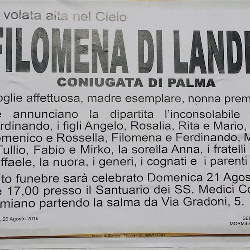 Ravello: si è spenta la signora Filomena Di Landro, oggi i funerali