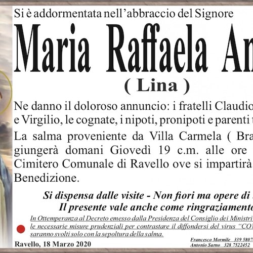 Ravello, si è spenta la signora Maria Raffaela Amato (Lina)