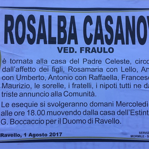 Ravello: si è spenta la signora Rosalba Casanova, domani sera i funerali