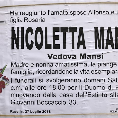 Ravello, si è spenta Nicoletta Mansi "Zì Coletta". Oggi i funerali