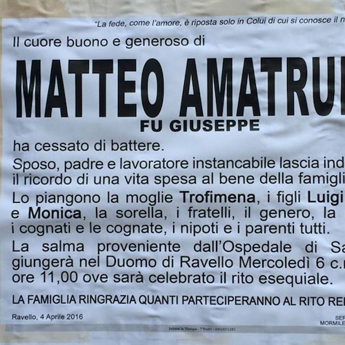 Ravello, si è spento Matteo Amatruda