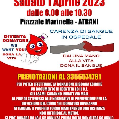 Sabato 1° aprile si dona il sangue ad Atrani: necessaria la prenotazione